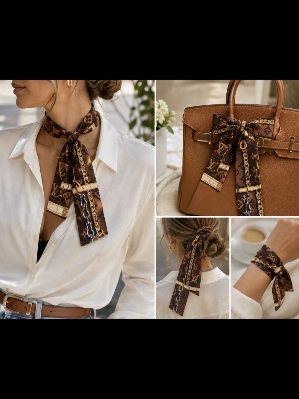 100% silk,LV  Brown Patterned Twilly & Accessory Scarf